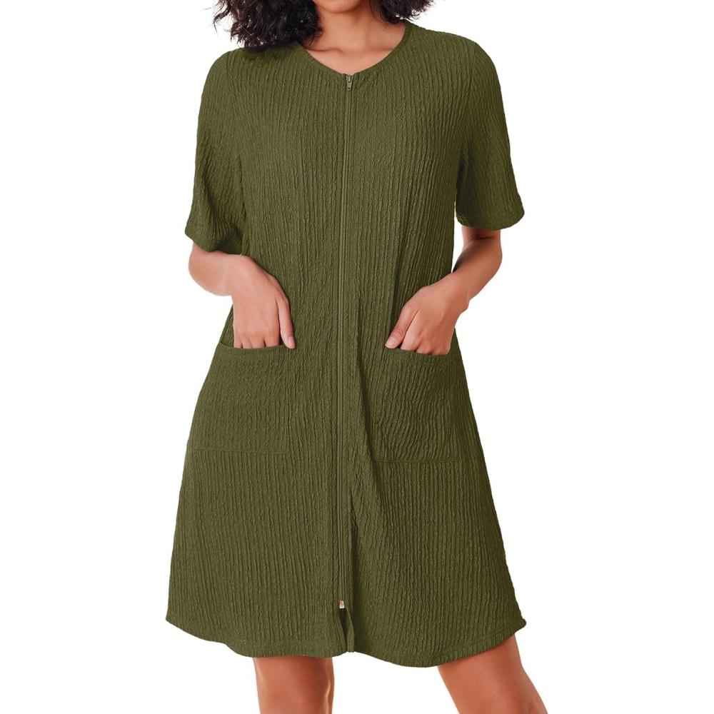 imageEkouaer Women Zipper Robes Knit Short Bathrobe Lightweight House Coat with Pockets Soft Nightgown SXXLArmy Green