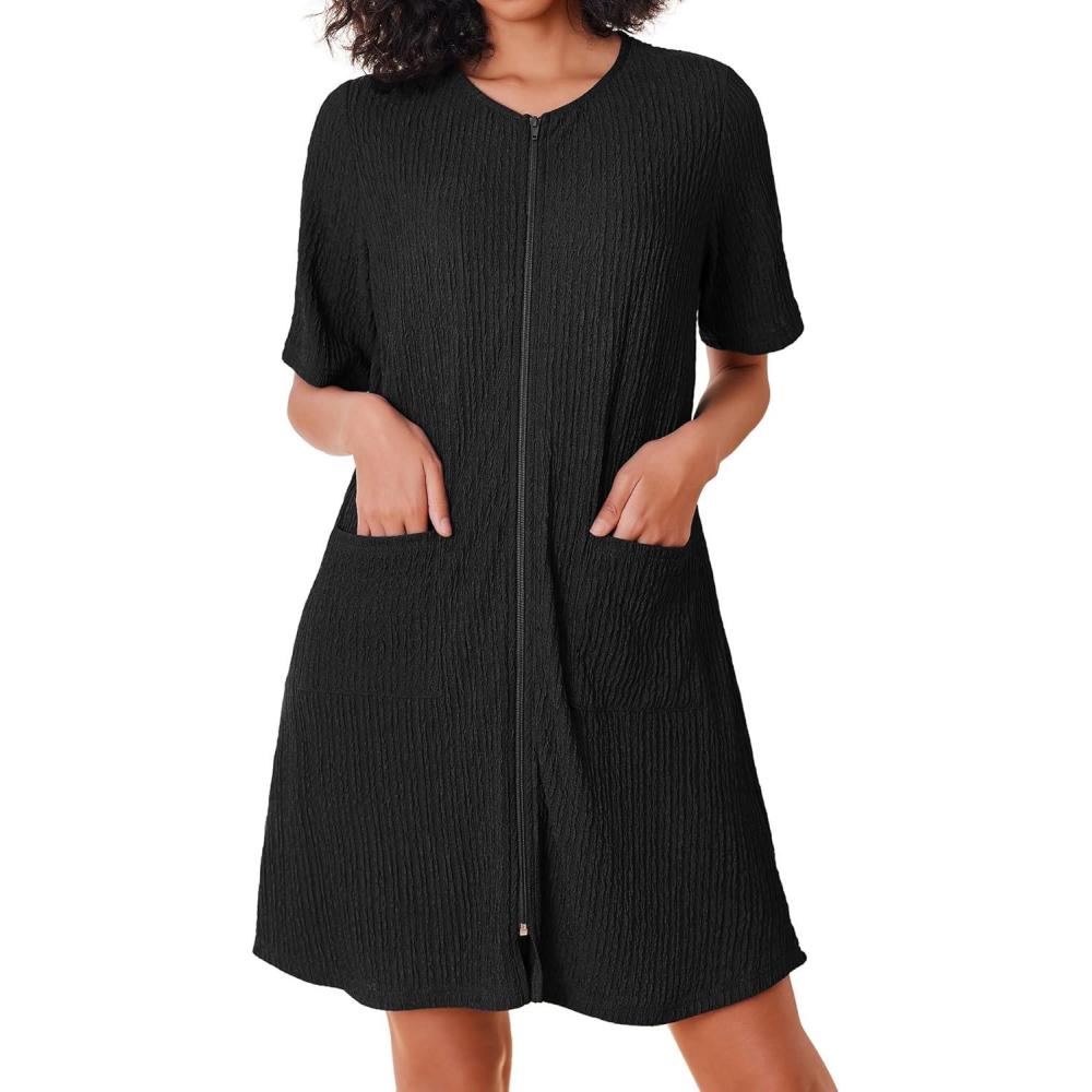 imageEkouaer Women Zipper Robes Knit Short Bathrobe Lightweight House Coat with Pockets Soft Nightgown SXXLBlack