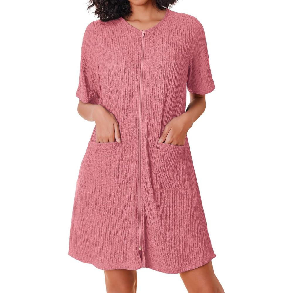 imageEkouaer Women Zipper Robes Knit Short Bathrobe Lightweight House Coat with Pockets Soft Nightgown SXXLCoral