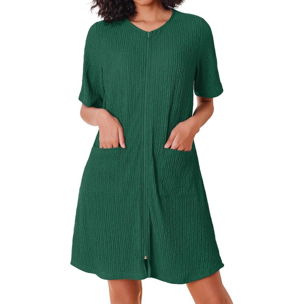 imageEkouaer Women Zipper Robes Knit Short Bathrobe Lightweight House Coat with Pockets Soft Nightgown SXXLGreen
