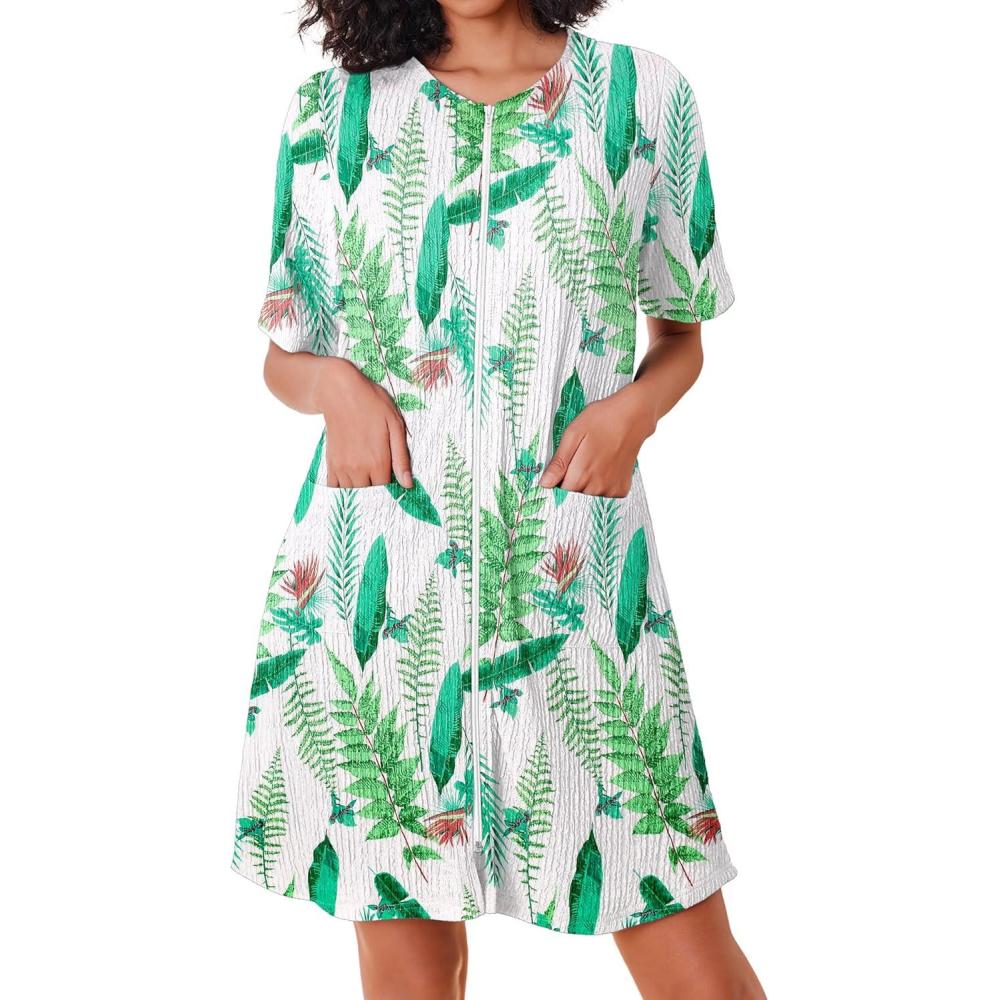 imageEkouaer Women Zipper Robes Knit Short Bathrobe Lightweight House Coat with Pockets Soft Nightgown SXXLGreen Leaf