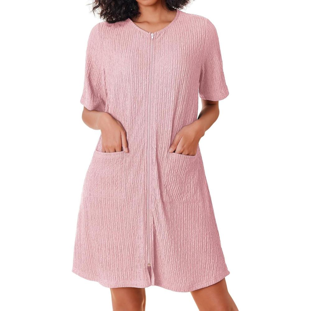 imageEkouaer Women Zipper Robes Knit Short Bathrobe Lightweight House Coat with Pockets Soft Nightgown SXXLHot Pink