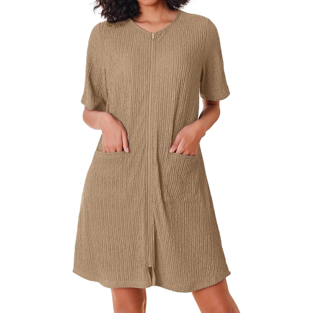 imageEkouaer Women Zipper Robes Knit Short Bathrobe Lightweight House Coat with Pockets Soft Nightgown SXXLKhaki