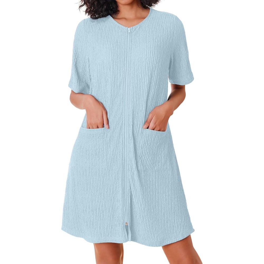imageEkouaer Women Zipper Robes Knit Short Bathrobe Lightweight House Coat with Pockets Soft Nightgown SXXLLight Blue