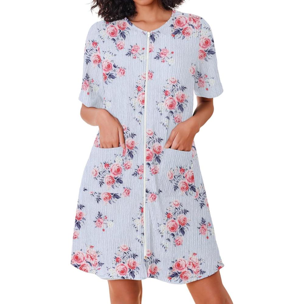 imageEkouaer Women Zipper Robes Knit Short Bathrobe Lightweight House Coat with Pockets Soft Nightgown SXXLLight Blue Flower