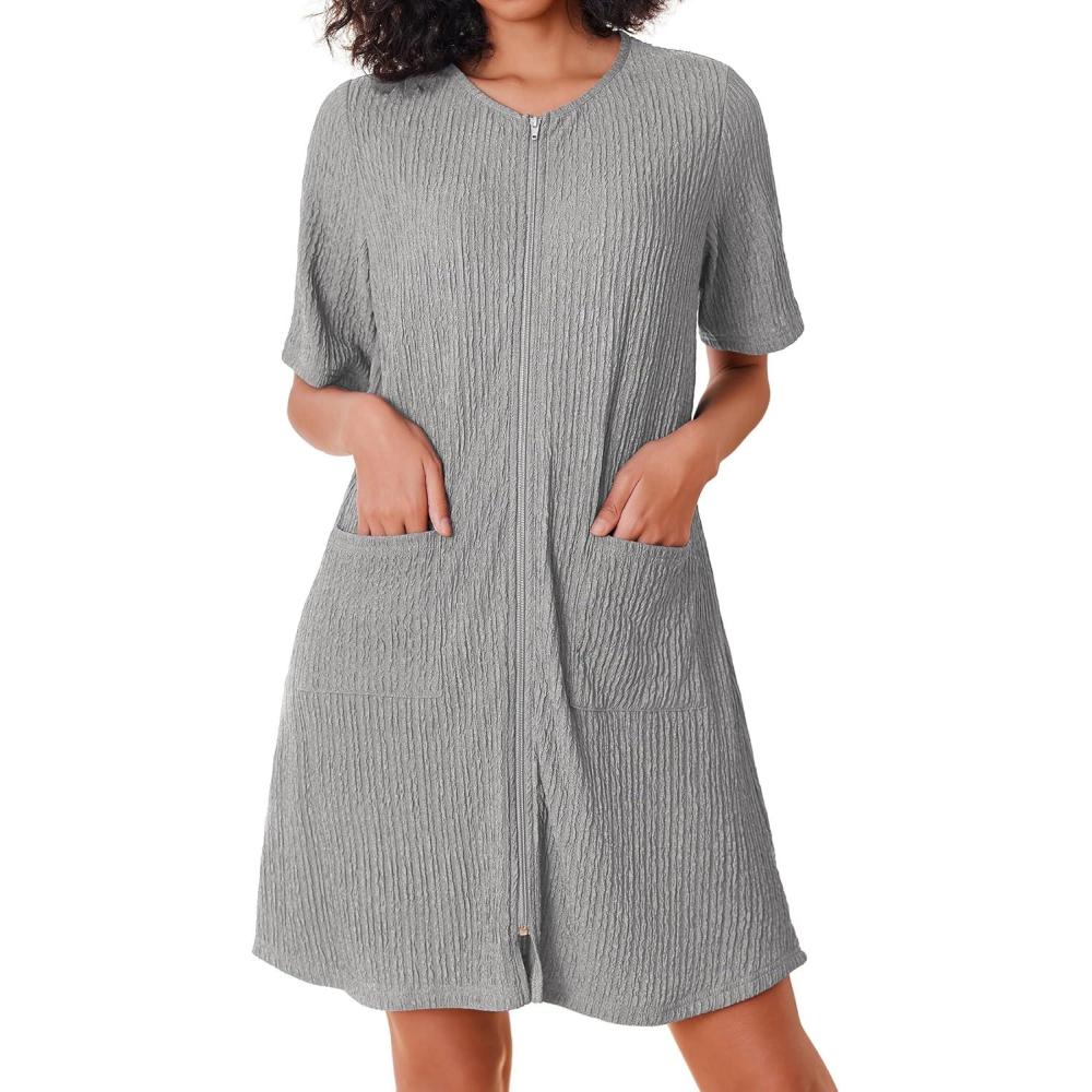 imageEkouaer Women Zipper Robes Knit Short Bathrobe Lightweight House Coat with Pockets Soft Nightgown SXXLLight Gray