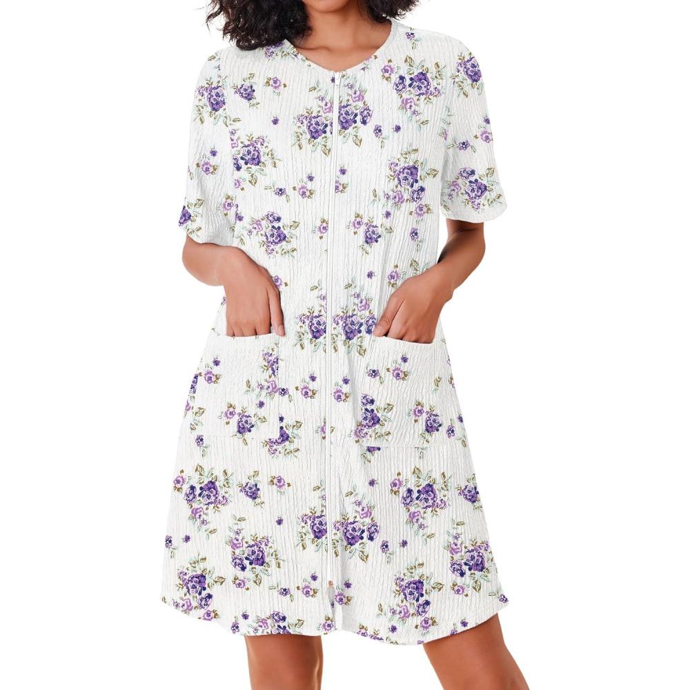 imageEkouaer Women Zipper Robes Knit Short Bathrobe Lightweight House Coat with Pockets Soft Nightgown SXXLPurple Flower