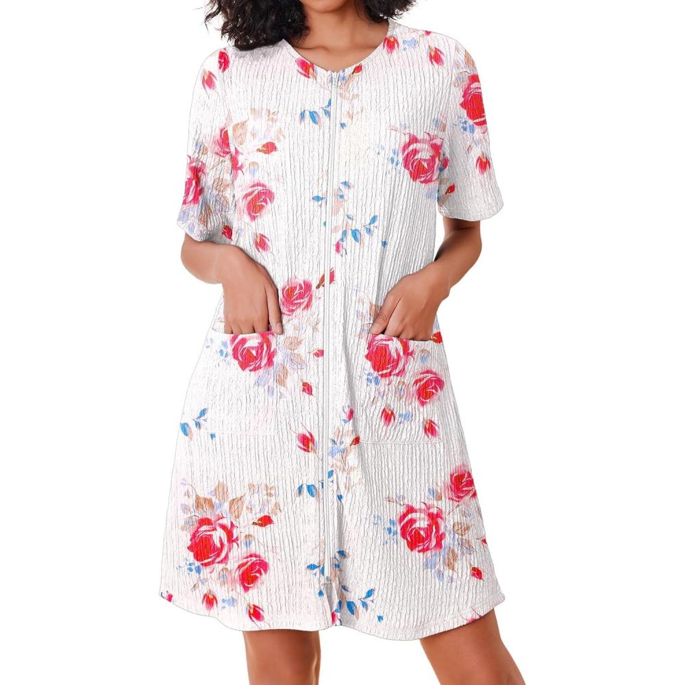 imageEkouaer Women Zipper Robes Knit Short Bathrobe Lightweight House Coat with Pockets Soft Nightgown SXXLRed Flower