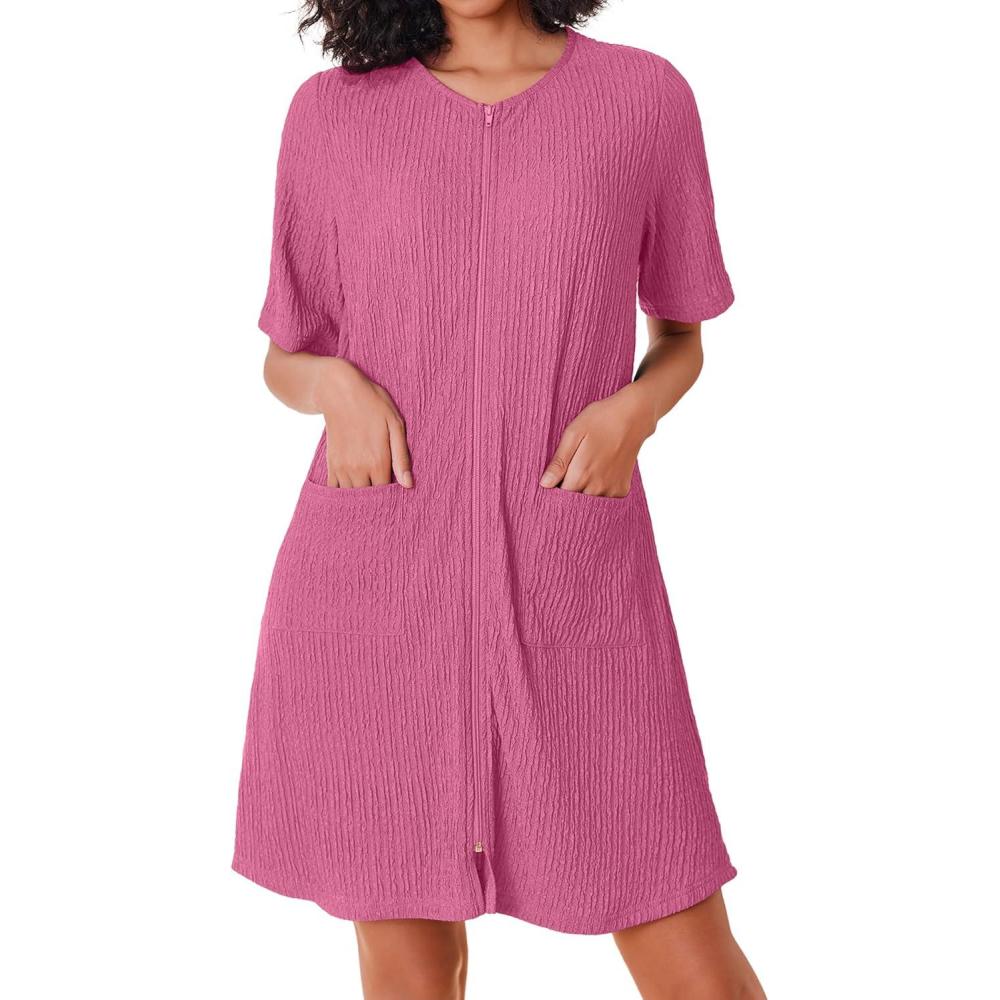 imageEkouaer Women Zipper Robes Knit Short Bathrobe Lightweight House Coat with Pockets Soft Nightgown SXXLRose Red