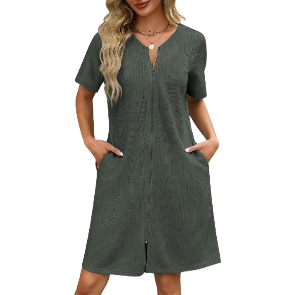imageEkouaer Women Zipper Robes Waffle Short Bathrobe Lightweight House Coat with Pockets Soft Nightgown S3XLDeep Army Green