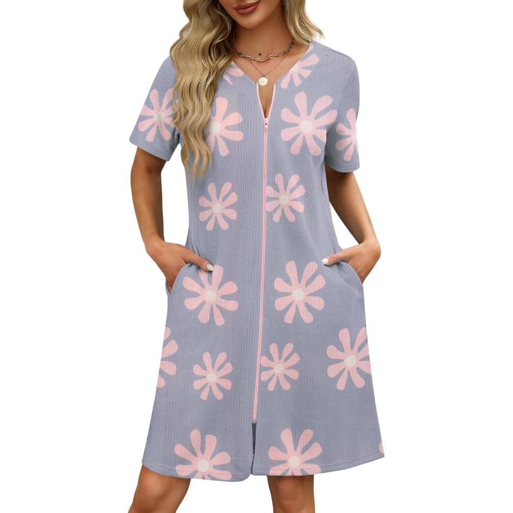 imageEkouaer Women Zipper Robes Waffle Short Bathrobe Lightweight House Coat with Pockets Soft Nightgown S3XLLight Purple Floral