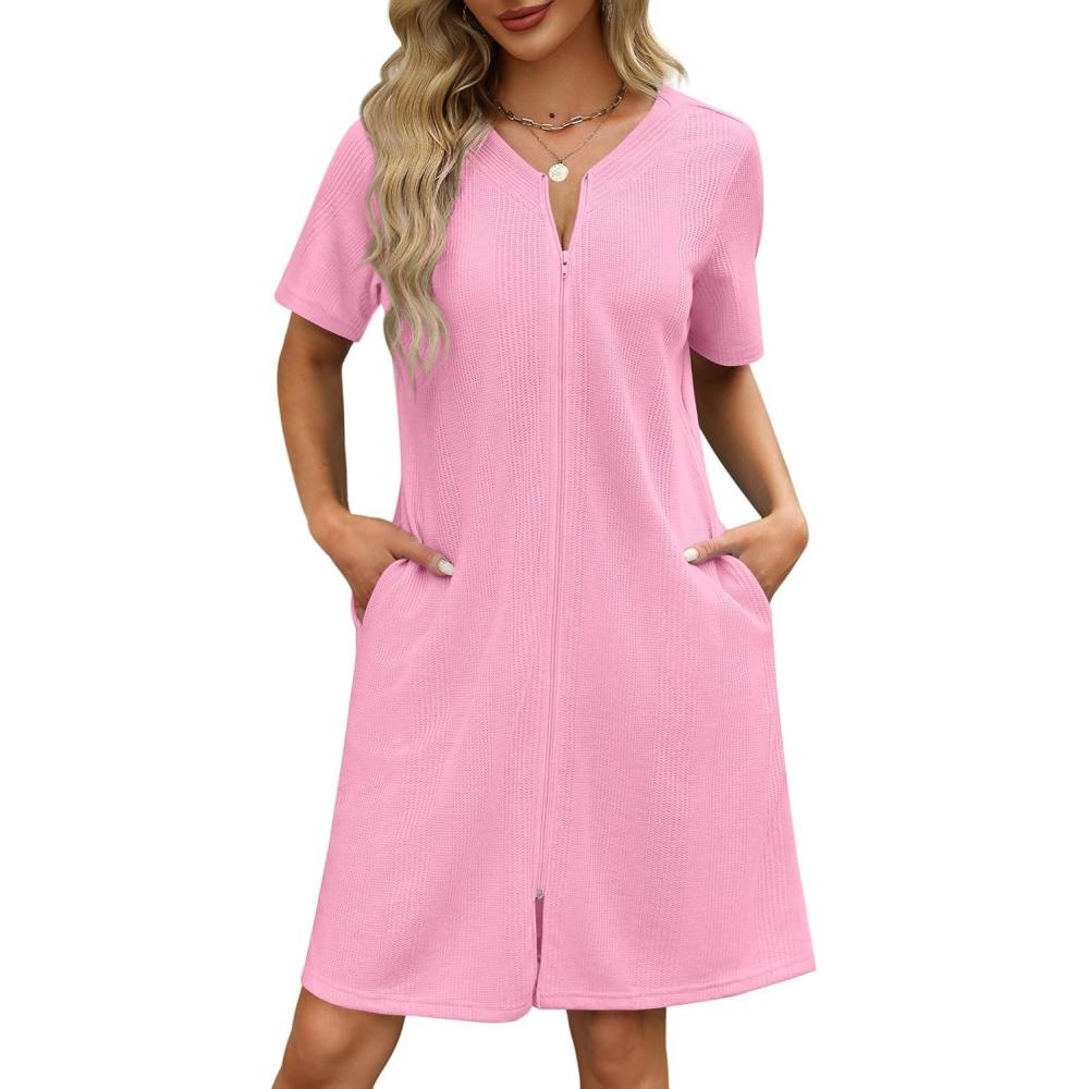 imageEkouaer Women Zipper Robes Waffle Short Bathrobe Lightweight House Coat with Pockets Soft Nightgown S3XLPink