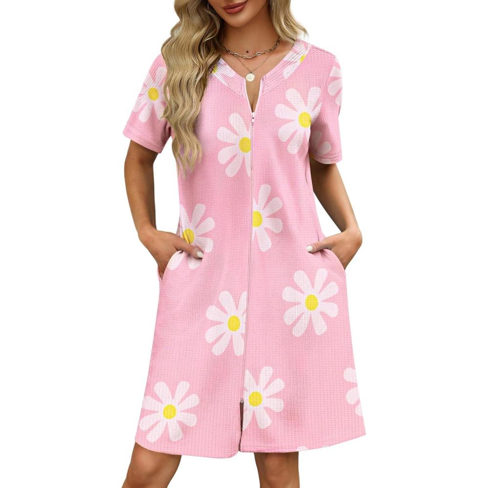 imageEkouaer Women Zipper Robes Waffle Short Bathrobe Lightweight House Coat with Pockets Soft Nightgown S3XLPink Floral