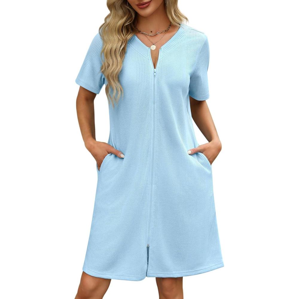 imageEkouaer Women Zipper Robes Waffle Short Bathrobe Lightweight House Coat with Pockets Soft Nightgown S3XLSky Blue