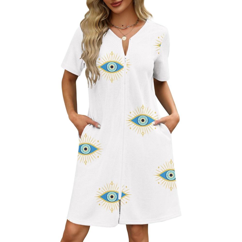 imageEkouaer Women Zipper Robes Waffle Short Bathrobe Lightweight House Coat with Pockets Soft Nightgown S3XLSun Eye Print