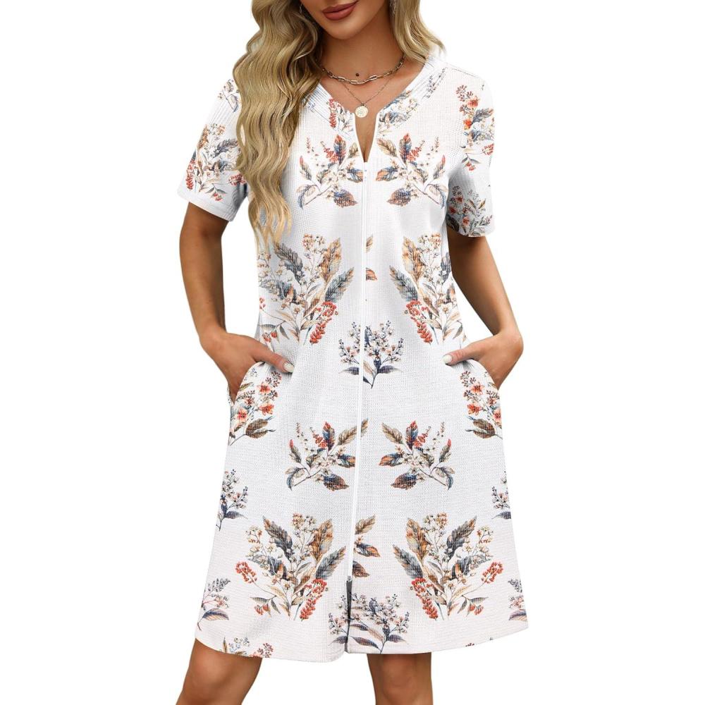 imageEkouaer Women Zipper Robes Waffle Short Bathrobe Lightweight House Coat with Pockets Soft Nightgown S3XLWhite Leaf
