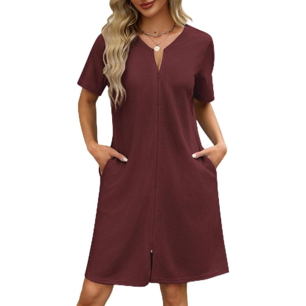 imageEkouaer Women Zipper Robes Waffle Short Bathrobe Lightweight House Coat with Pockets Soft Nightgown S3XLWine Red