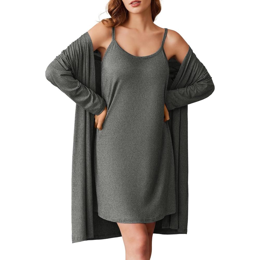 imageEkouaer Womens 2 Pieces Robe Sets Long Sleeves Nightgown Soft Sleepwear Pajamas Sets Dark Gray Medium