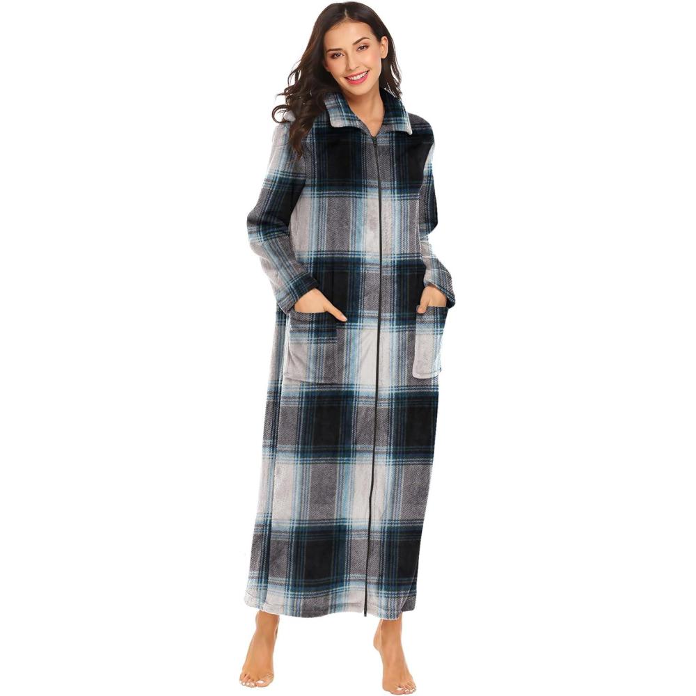 imageEkouaer Womens Flannel Robe Zipper Front Robes Full Length BathrobeSXXLBlack Blue Green Plaid
