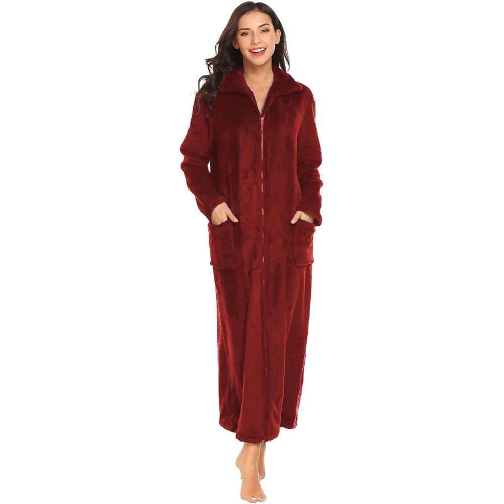 imageEkouaer Womens Flannel Robe Zipper Front Robes Full Length BathrobeSXXLDark Red