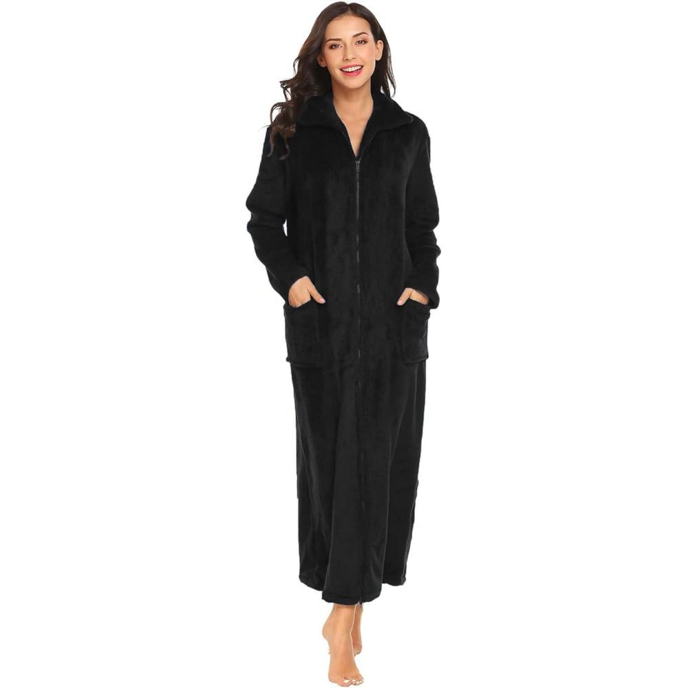 imageEkouaer Womens Flannel Robe Zipper Front Robes Full Length BathrobeSXXLHblack