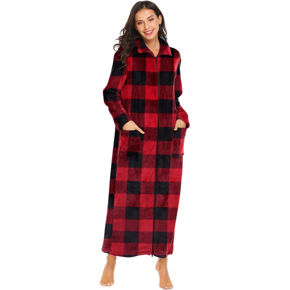 imageEkouaer Womens Flannel Robe Zipper Front Robes Full Length BathrobeSXXLRed Black Plaid