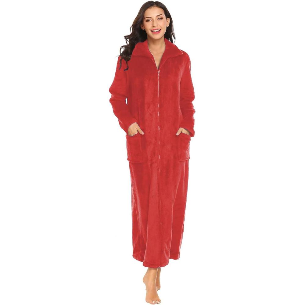 imageEkouaer Womens Flannel Robe Zipper Front Robes Full Length BathrobeSXXLRed
