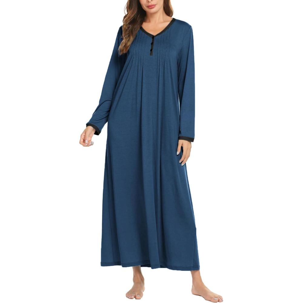 imageEkouaer Womens Long Sleeve Nightgown Full Length Sleepwear Long Sleepshirts Henley Sleep Dress S4XLAanavy