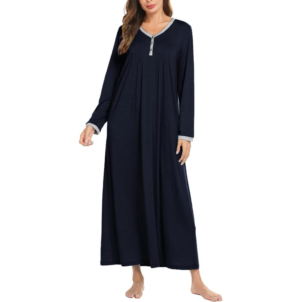 imageEkouaer Womens Long Sleeve Nightgown Full Length Sleepwear Long Sleepshirts Henley Sleep Dress S4XLAanavy Blue