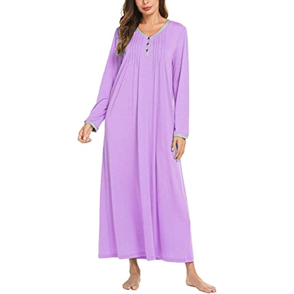 imageEkouaer Womens Long Sleeve Nightgown Full Length Sleepwear Long Sleepshirts Henley Sleep Dress S4XLAapurple