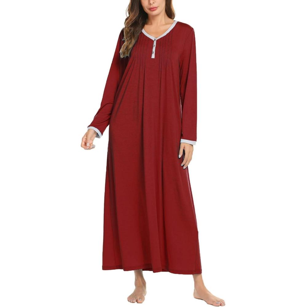 imageEkouaer Womens Long Sleeve Nightgown Full Length Sleepwear Long Sleepshirts Henley Sleep Dress S4XLAawine Red