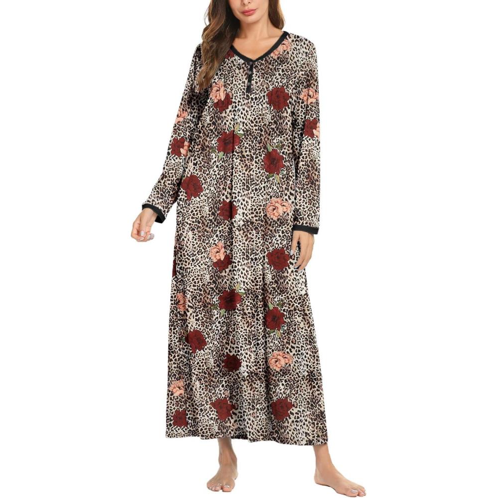 imageEkouaer Womens Long Sleeve Nightgown Full Length Sleepwear Long Sleepshirts Henley Sleep Dress S4XLAbrown Leopard Print
