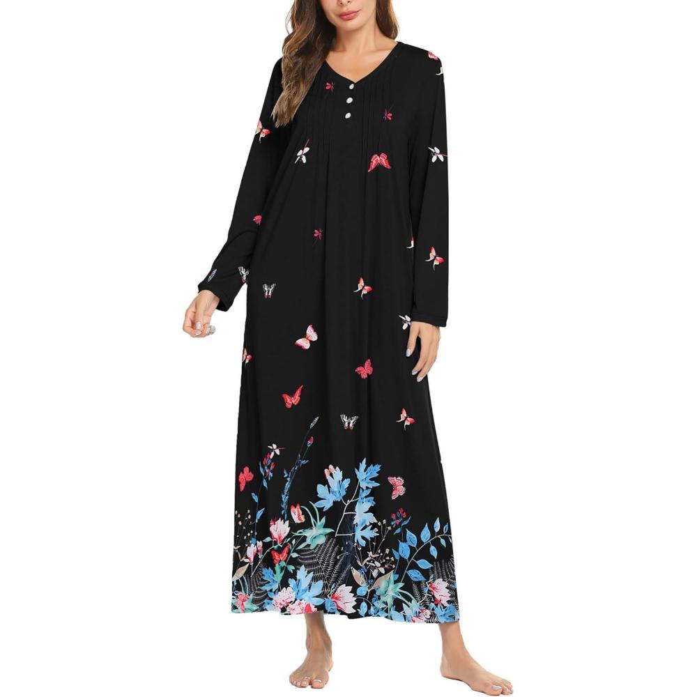 imageEkouaer Womens Long Sleeve Nightgown Full Length Sleepwear Long Sleepshirts Henley Sleep Dress S4XLBlack Butterfly