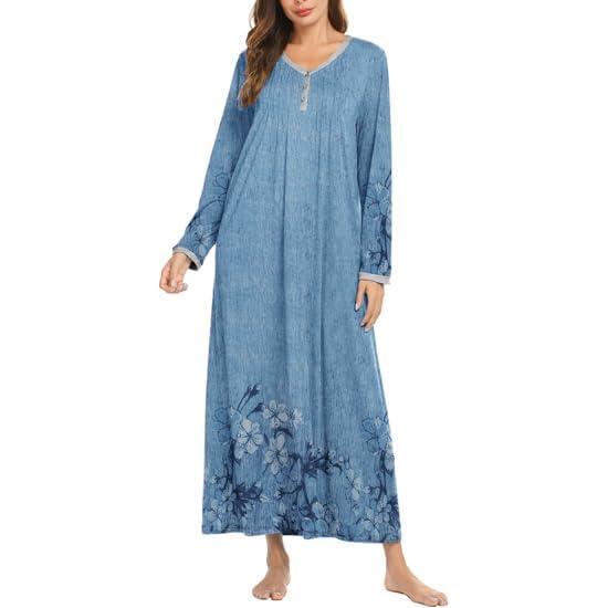 imageEkouaer Womens Long Sleeve Nightgown Full Length Sleepwear Long Sleepshirts Henley Sleep Dress S4XLBlue Ink Flower