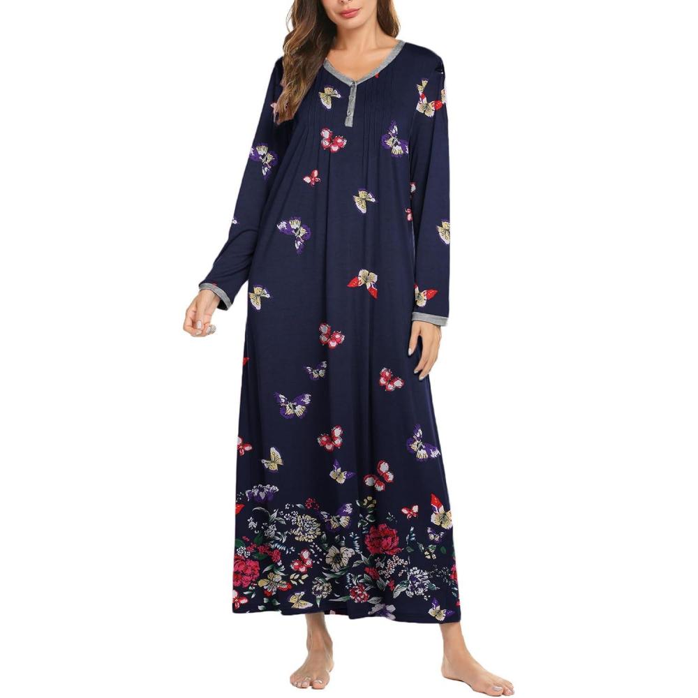 imageEkouaer Womens Long Sleeve Nightgown Full Length Sleepwear Long Sleepshirts Henley Sleep Dress S4XLCblack Butterfly