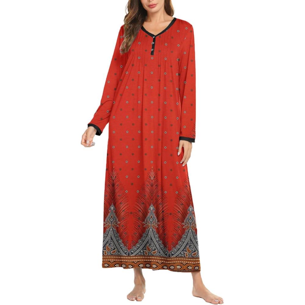 imageEkouaer Womens Long Sleeve Nightgown Full Length Sleepwear Long Sleepshirts Henley Sleep Dress S4XLCred Peacock Feather