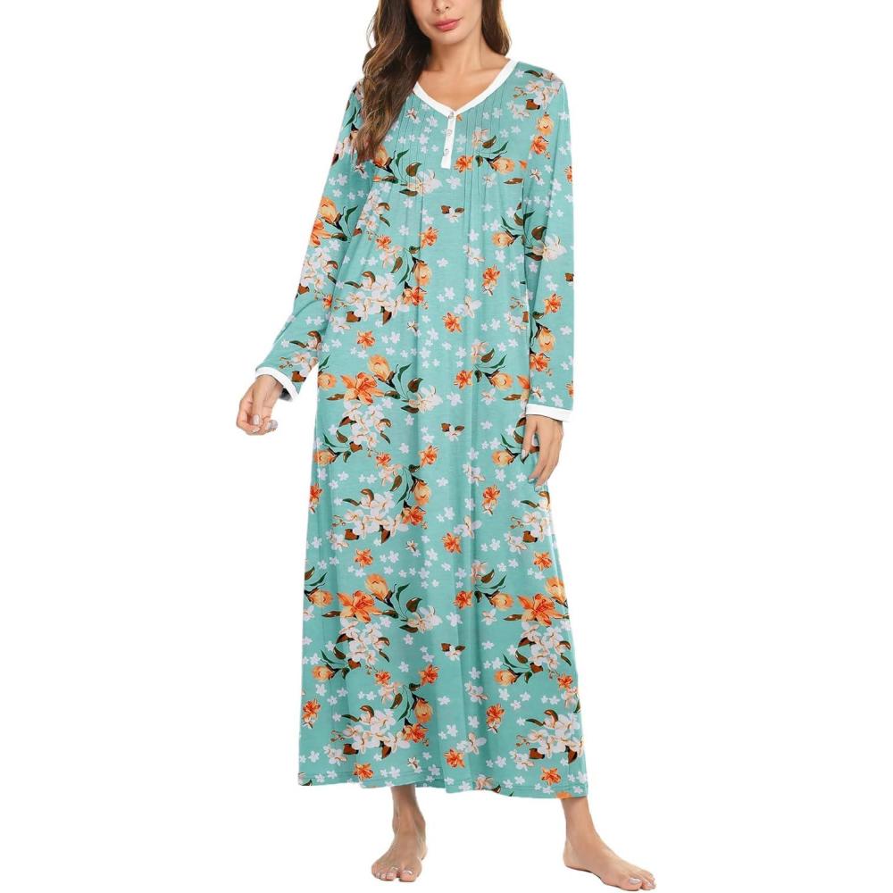 imageEkouaer Womens Long Sleeve Nightgown Full Length Sleepwear Long Sleepshirts Henley Sleep Dress S4XLGreen Flower