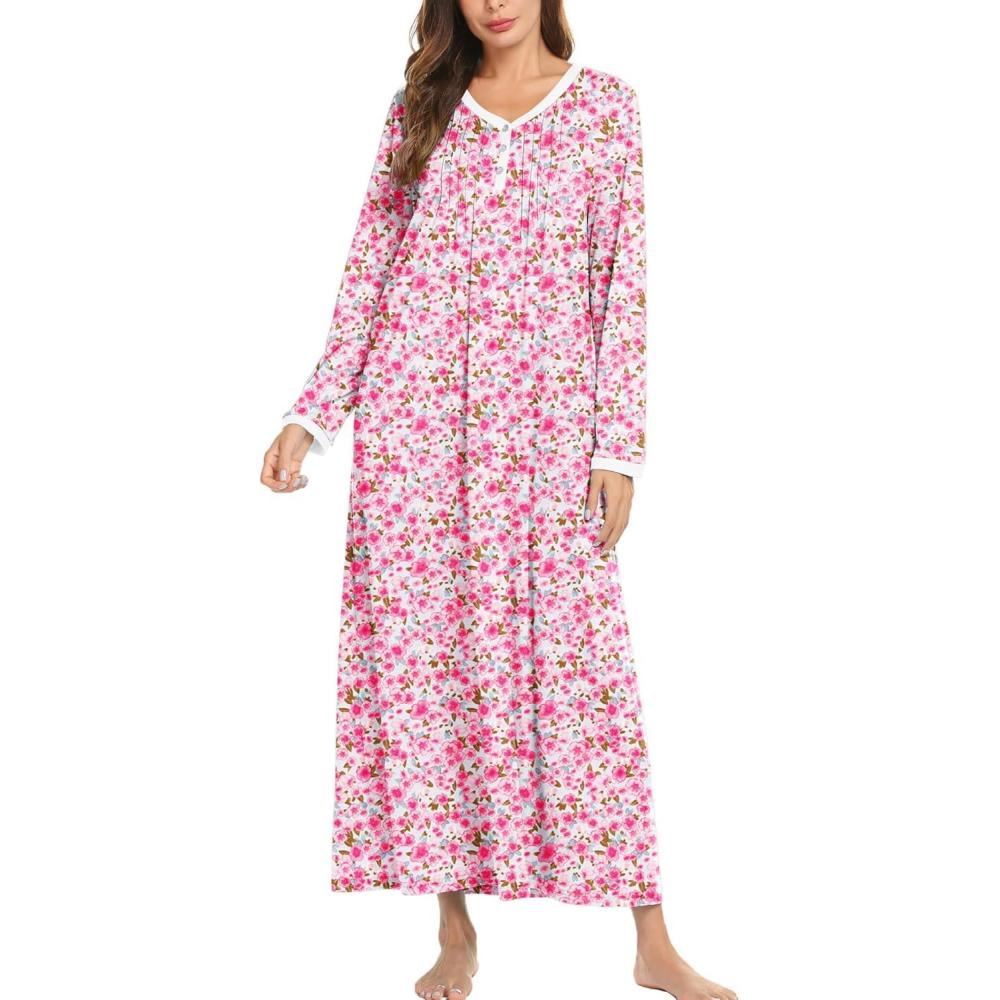 imageEkouaer Womens Long Sleeve Nightgown Full Length Sleepwear Long Sleepshirts Henley Sleep Dress S4XLPink Flowers