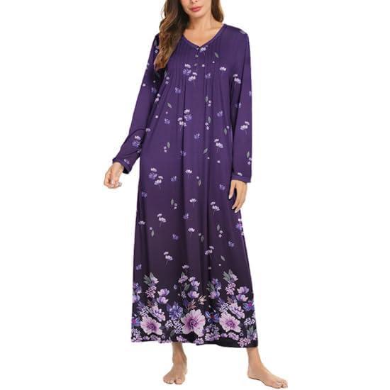 imageEkouaer Womens Long Sleeve Nightgown Full Length Sleepwear Long Sleepshirts Henley Sleep Dress S4XLPurple Flower