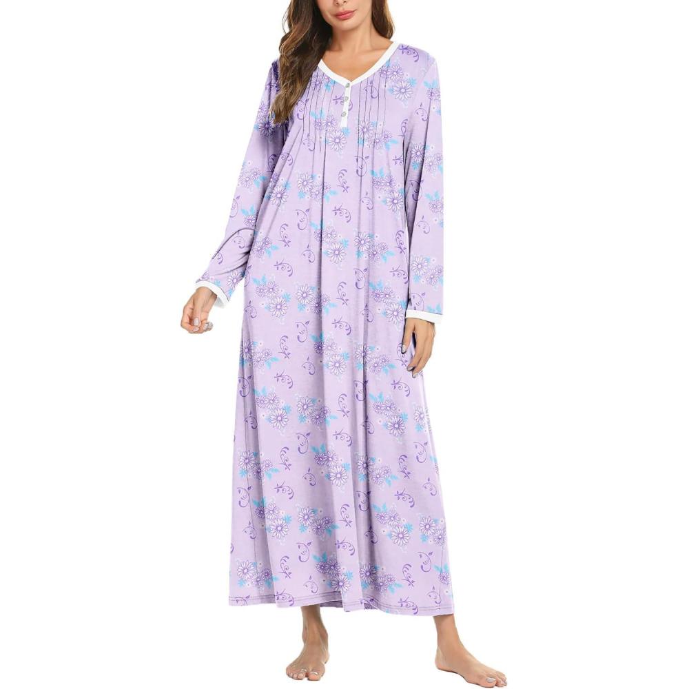 imageEkouaer Womens Long Sleeve Nightgown Full Length Sleepwear Long Sleepshirts Henley Sleep Dress S4XLPurple Flowers