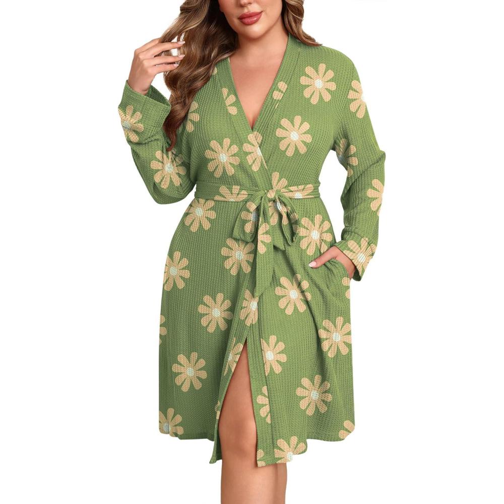 imageEkouaer Womens Plus Size Robe Waffle Knit Bathrobe Short Lightweight Kimono Robes with Pockets Maternity Robe 1x5xGreen Floral