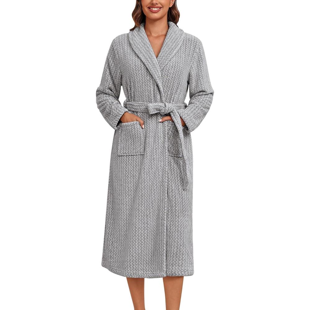 imageEkouaer Womens Robe Long Plush Soft Bathrobe Cozy Warm Robes Shawl Collar Sleepwear with PocketsDeep Gray