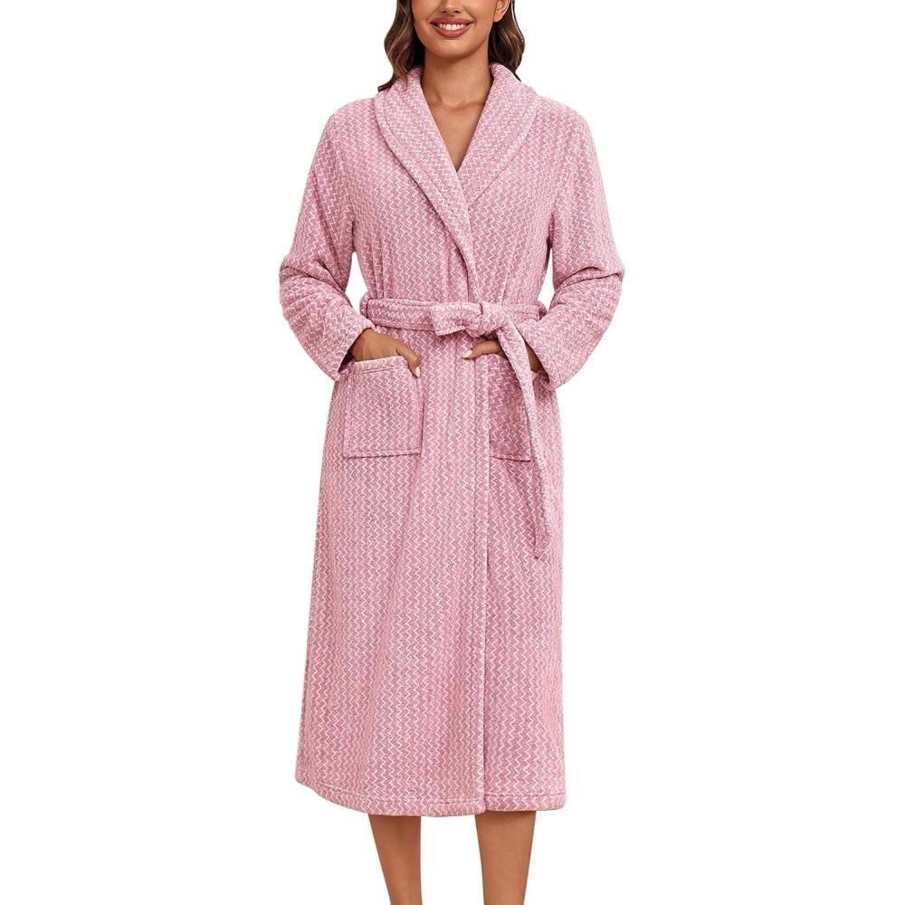 imageEkouaer Womens Robe Long Plush Soft Bathrobe Cozy Warm Robes Shawl Collar Sleepwear with PocketsDeep Pink