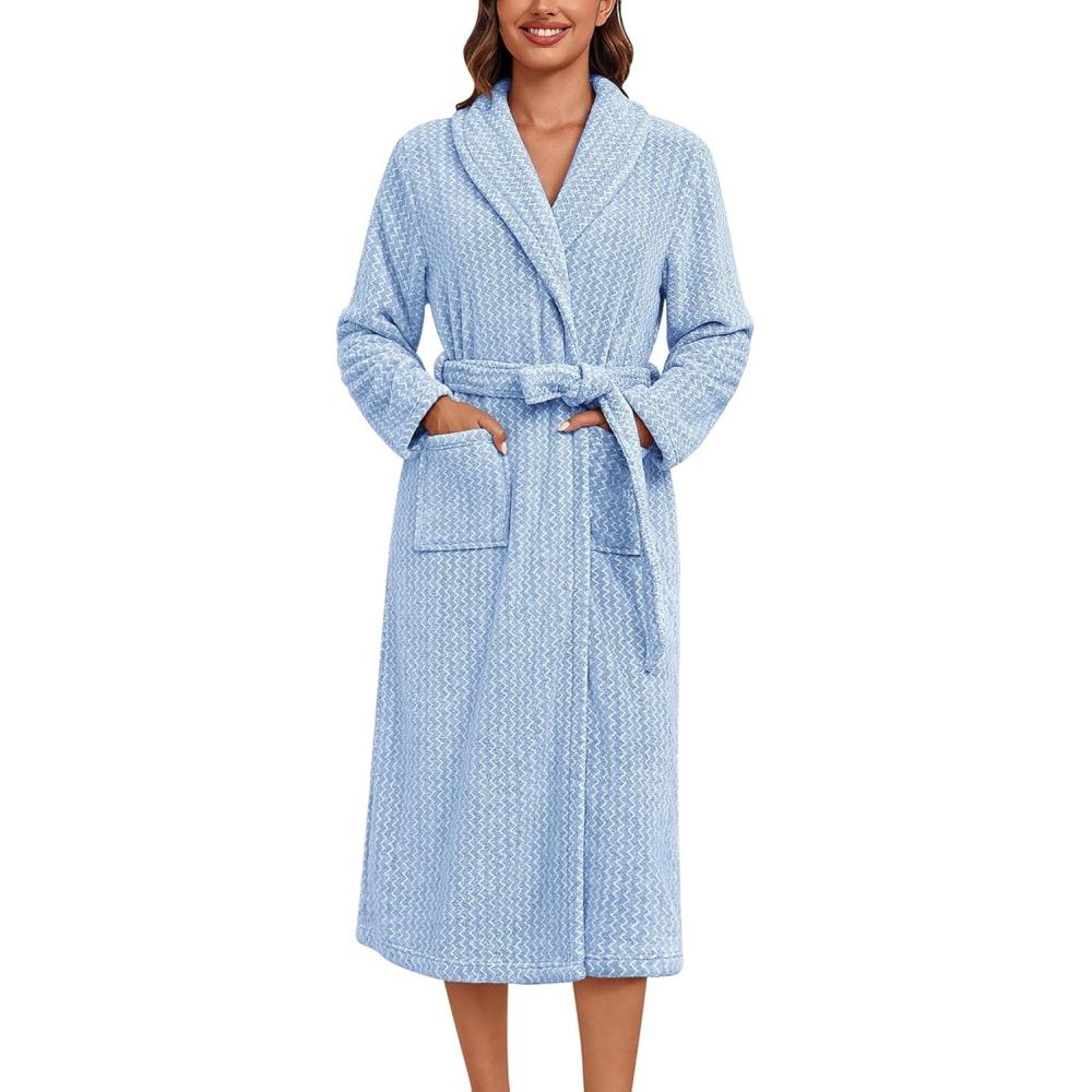 imageEkouaer Womens Robe Long Plush Soft Bathrobe Cozy Warm Robes Shawl Collar Sleepwear with PocketsLight Blue