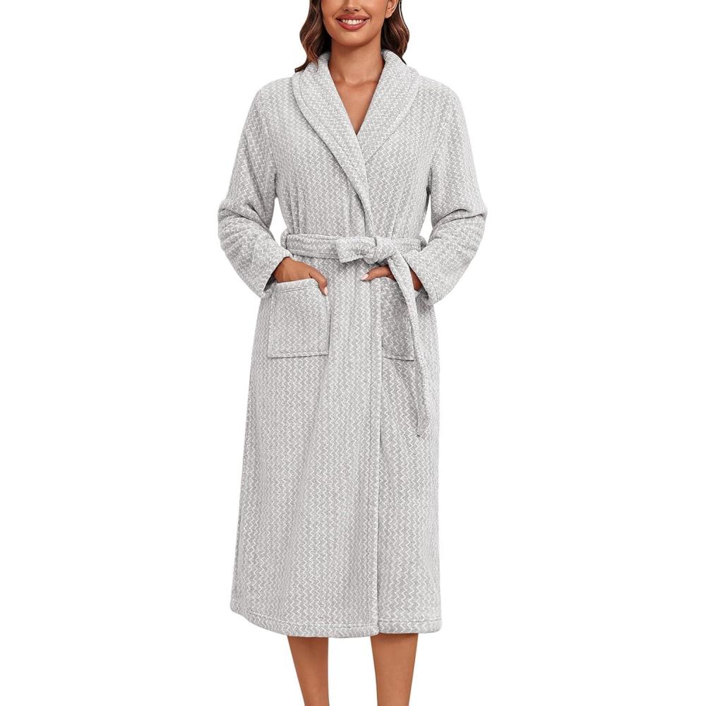 imageEkouaer Womens Robe Long Plush Soft Bathrobe Cozy Warm Robes Shawl Collar Sleepwear with PocketsLight Gray