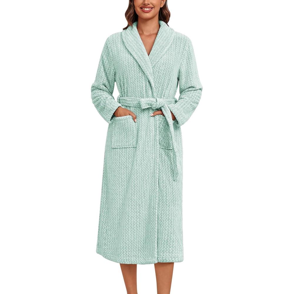 imageEkouaer Womens Robe Long Plush Soft Bathrobe Cozy Warm Robes Shawl Collar Sleepwear with PocketsLight Green