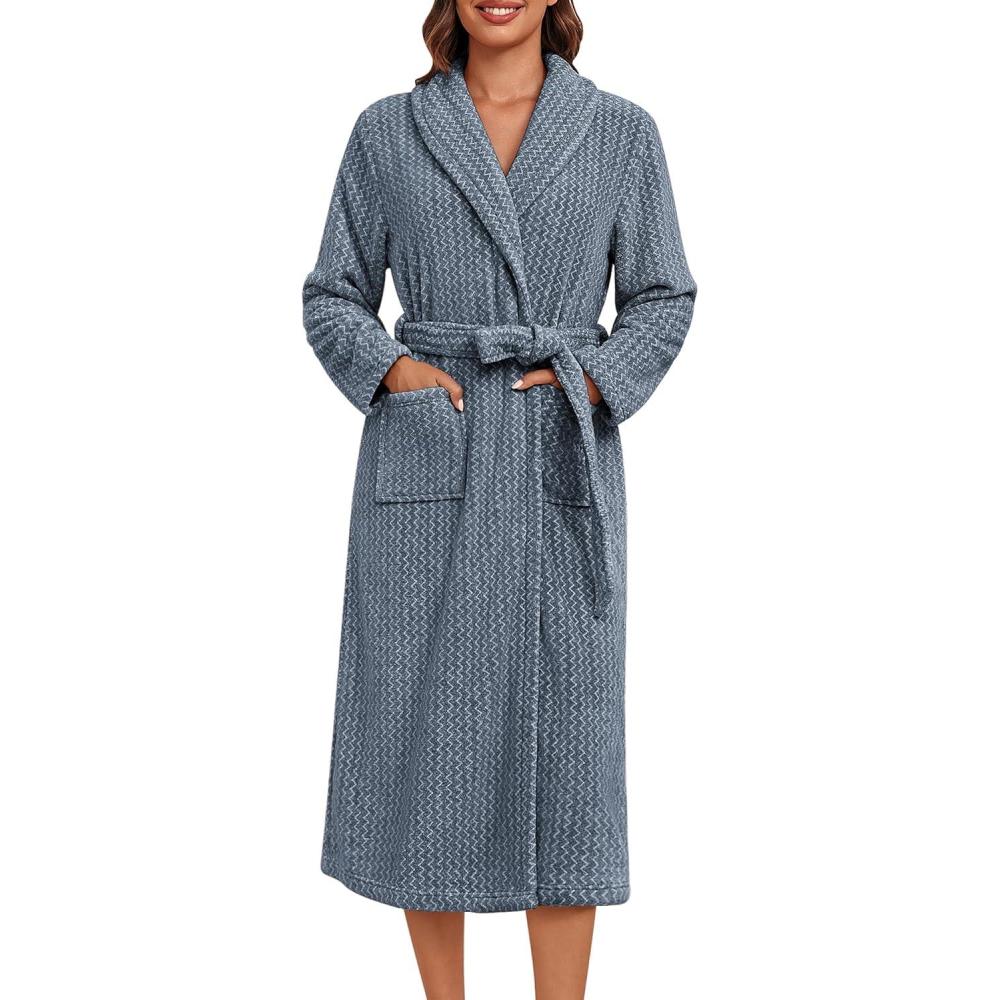 imageEkouaer Womens Robe Long Plush Soft Bathrobe Cozy Warm Robes Shawl Collar Sleepwear with PocketsNavy