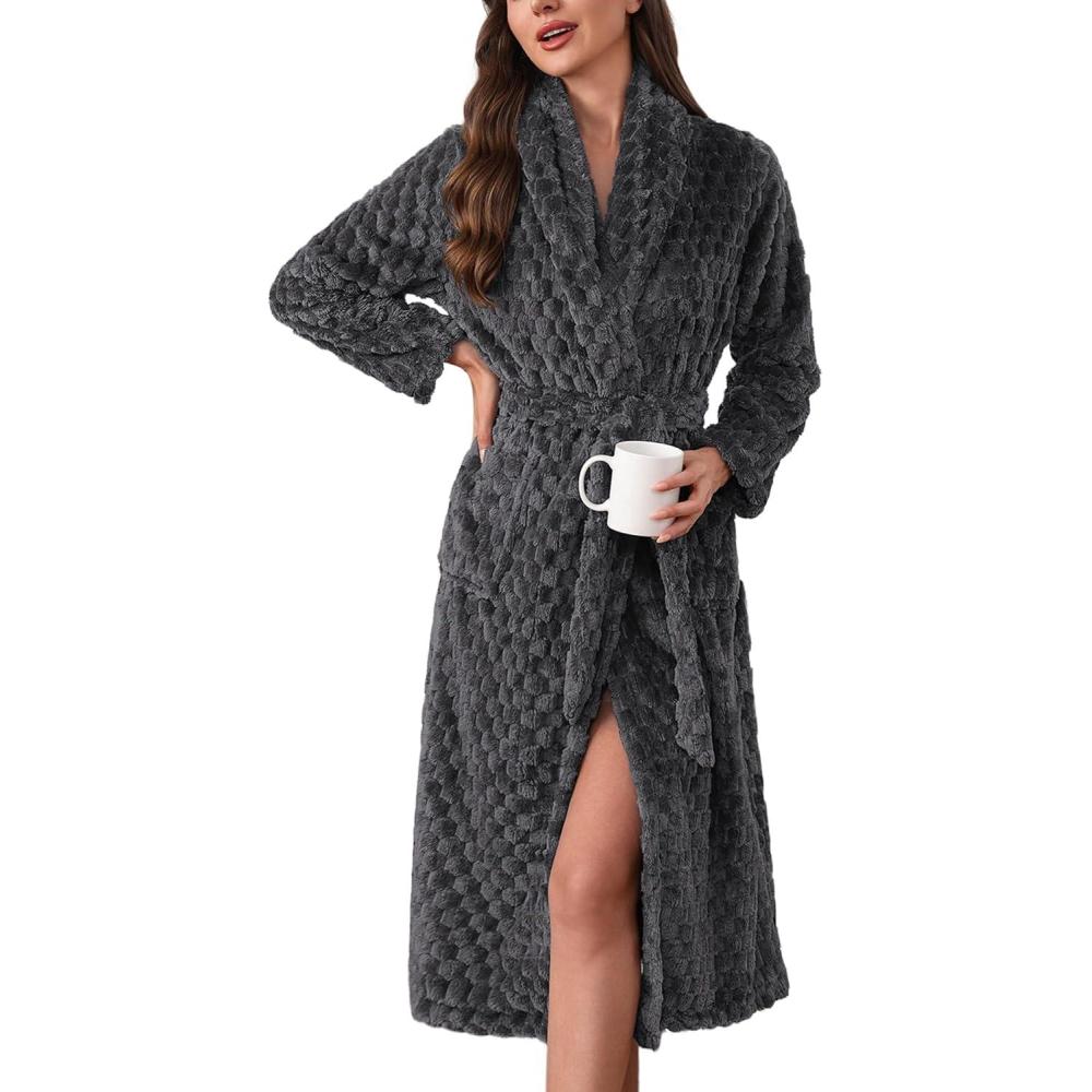 imageEkouaer Womens Robe Long Plush Soft Bathrobe Jacquard Color Block Robes Shawl Collar Sleepwear with Pockets SXXLDark Grey