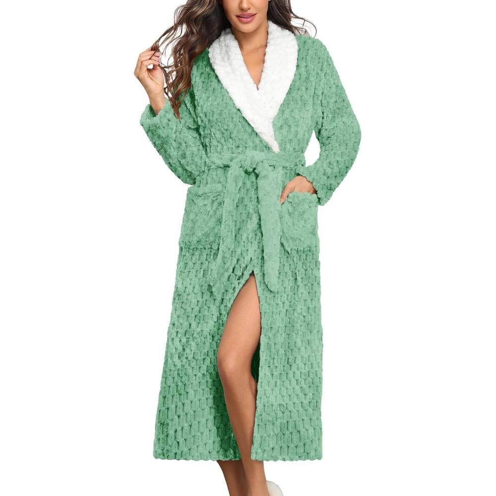 imageEkouaer Womens Robe Long Plush Soft Bathrobe Jacquard Color Block Robes Shawl Collar Sleepwear with Pockets SXXLGrey Green