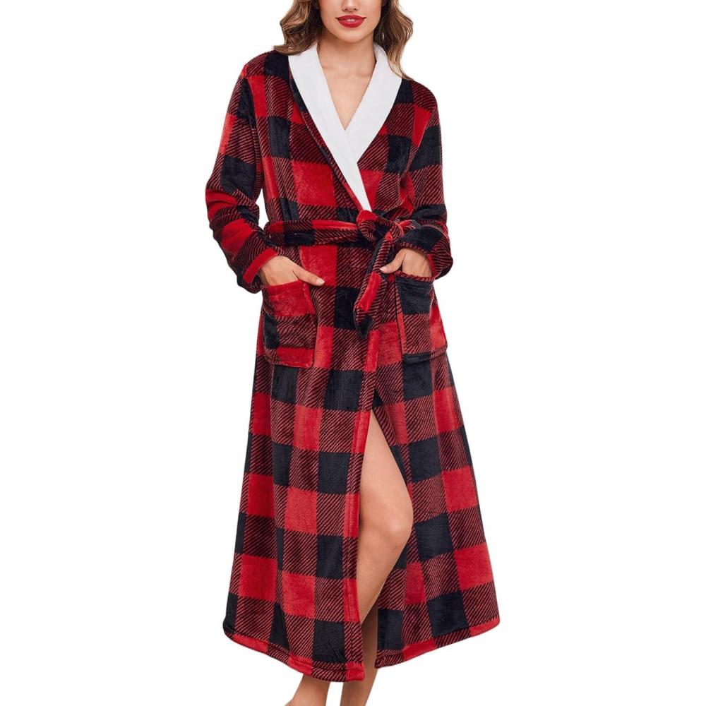 imageEkouaer Womens Robe Long Plush Soft Bathrobe Jacquard Color Block Robes Shawl Collar Sleepwear with Pockets SXXLRed Black Plaid